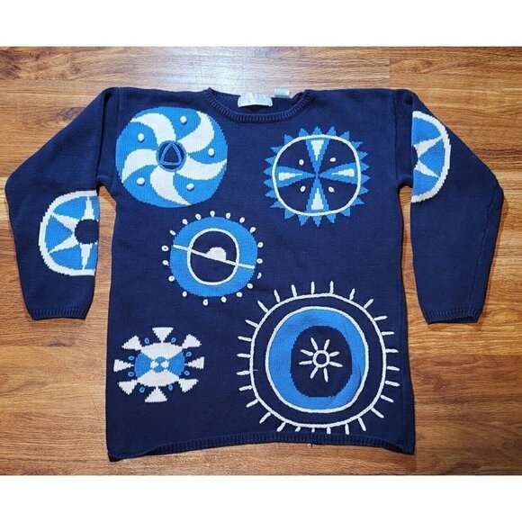 Vtg Segrets Sun Prints Womens S Hand Knit Cotton Sweater Blue Art To Wear - Picture 1 of 5